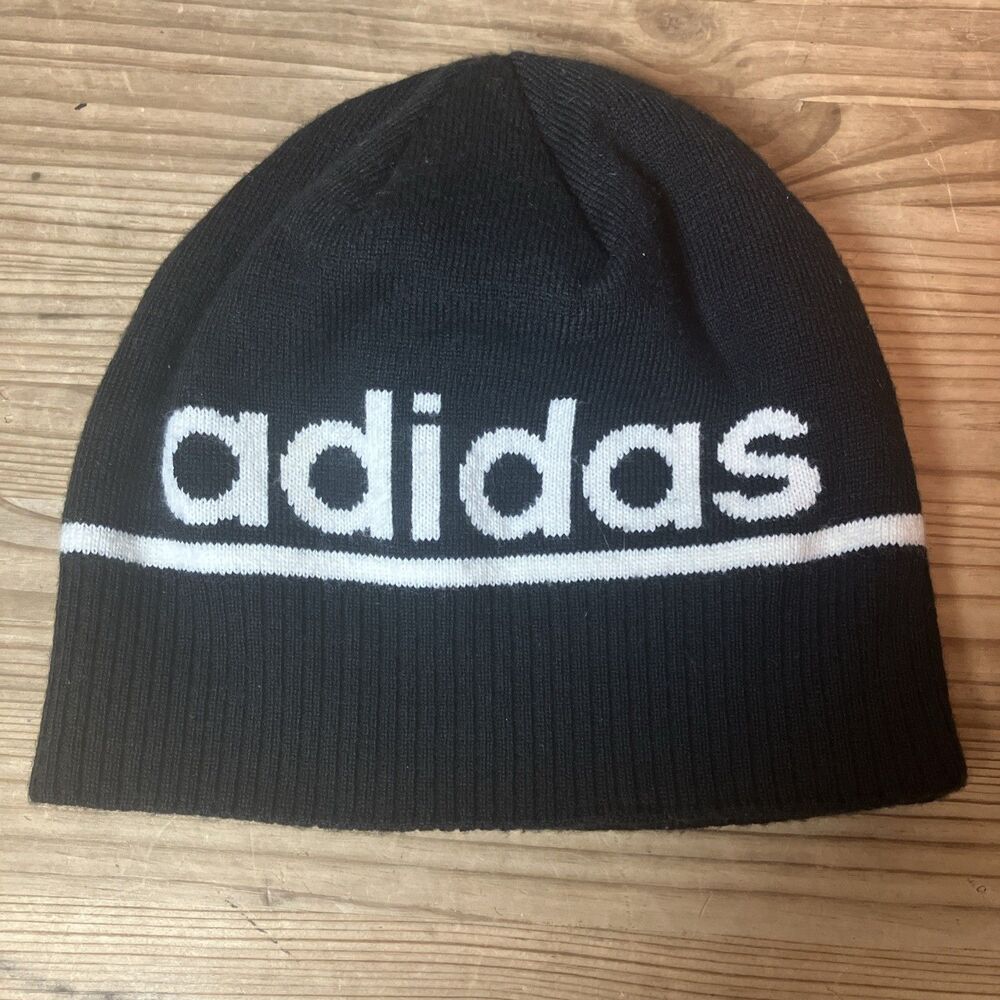 Adidas Youth ClimaWarm Black Beanie Knit Winter Hat Skull Cap White Logo Kids
